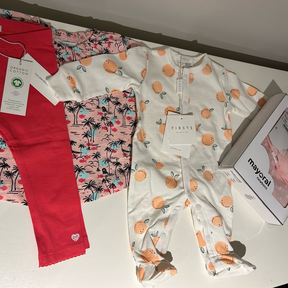 Baby Infant Girl NWT peach sleeper, onsie with tutu and Pink Palm Tree Pant Set